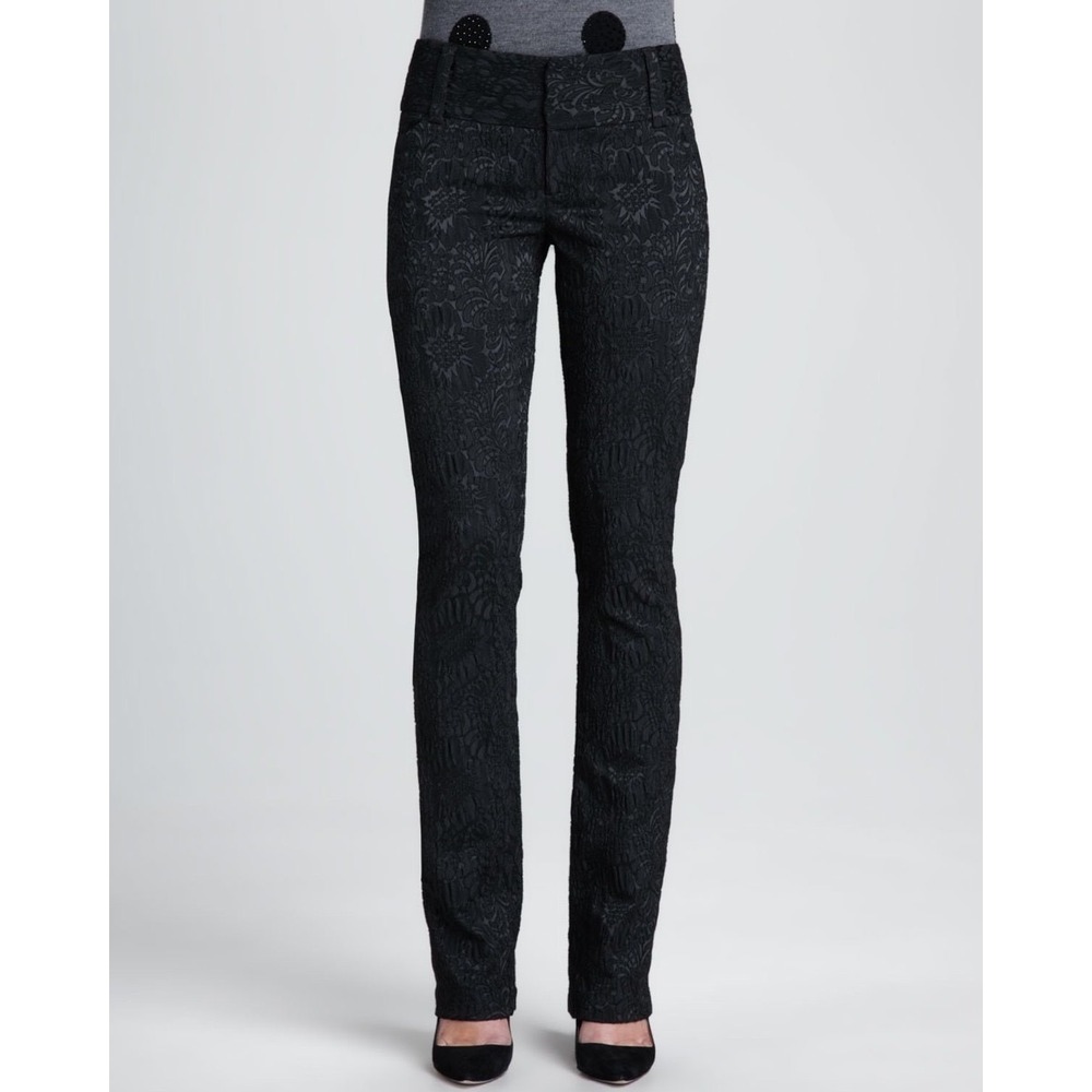 Alice + Olivia Black‎ Jacquard Straight Floral Brocade Leg Pants Size 4